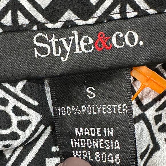 Style Co Tunic Top Size S Black White V Neck Button Up Long Sleeves Boho Tribal - Picture 6 of 6